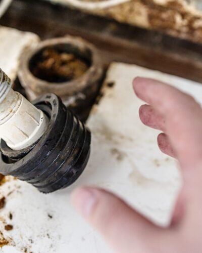 hand of plumber near sewer pipe and corrugated drain hose close up in old village house